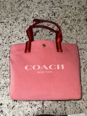 Coach Pink Canvas Tote with Orange-Striped Handles